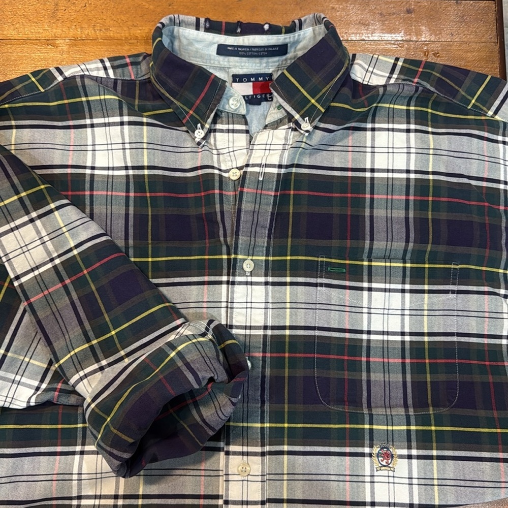 Tommy Hilfiger Navy Plaid Vintage Long Sleeve Button Down Shirt Size L